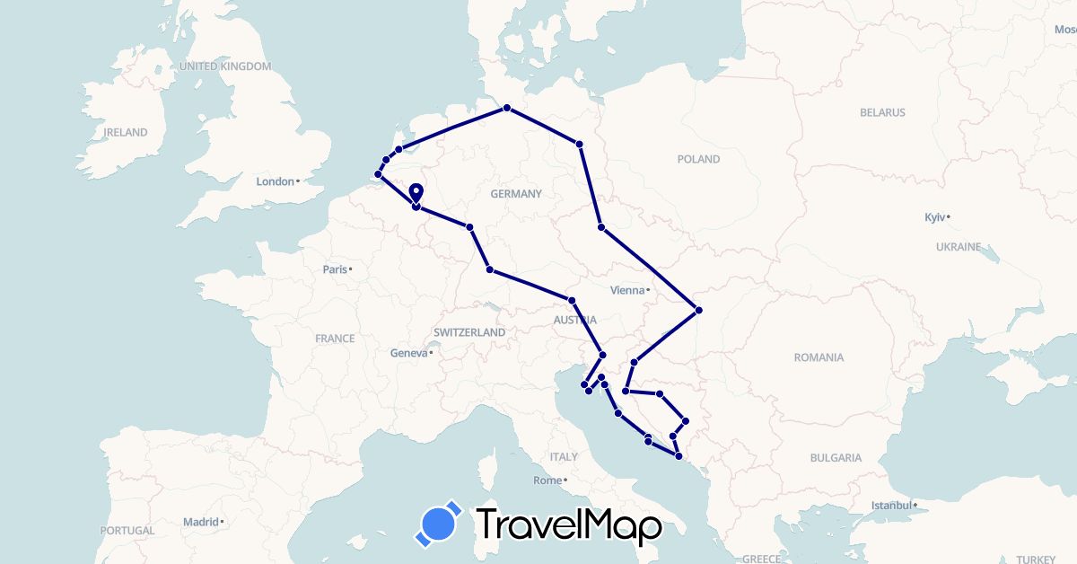 TravelMap itinerary: driving in Austria, Bosnia and Herzegovina, Belgium, Czech Republic, Germany, Croatia, Hungary, Netherlands, Slovenia (Europe)